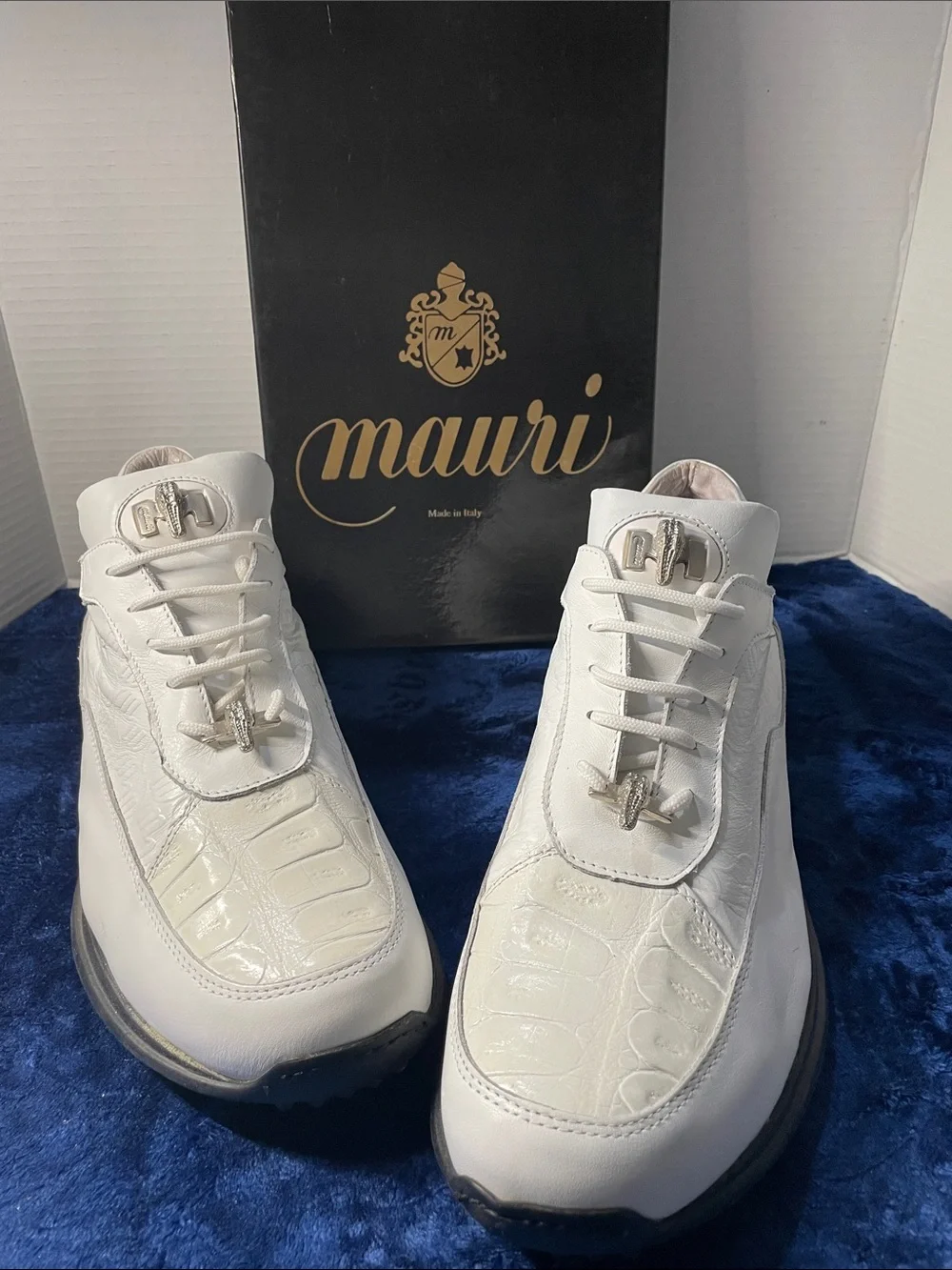 Mauri Napa white Leather and crocodile skin sneakers, size 13, in box.